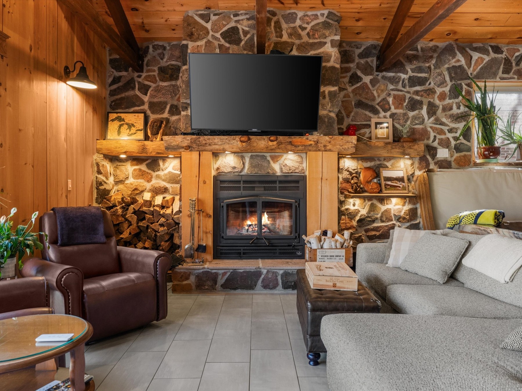 Cozy wood-burning fireplace